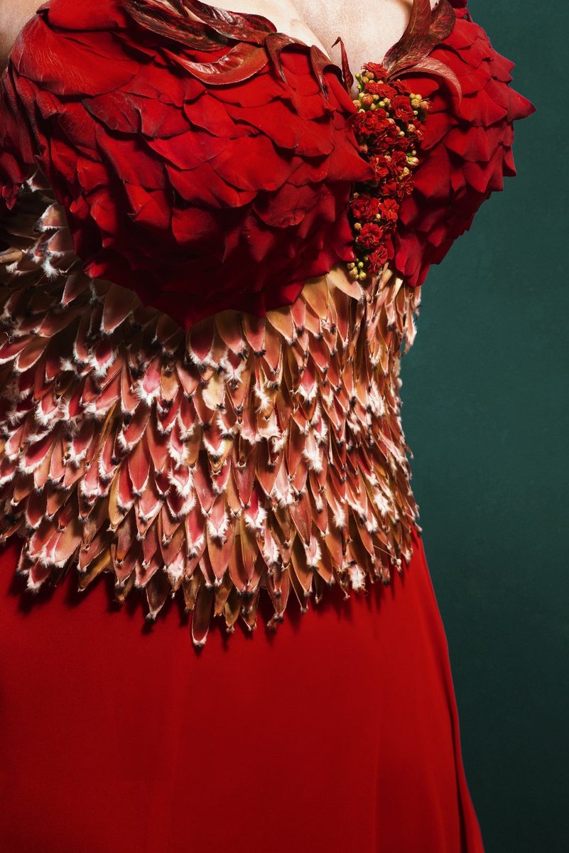 A close view of a bodice made of layered red and blush petals.